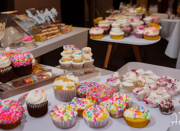 Prompt: a table with a white map full of sweets and cupcakes. highly detailed 8 k. intricate. nikon d 8 5 0 3 0 0 mm. award winning photography.