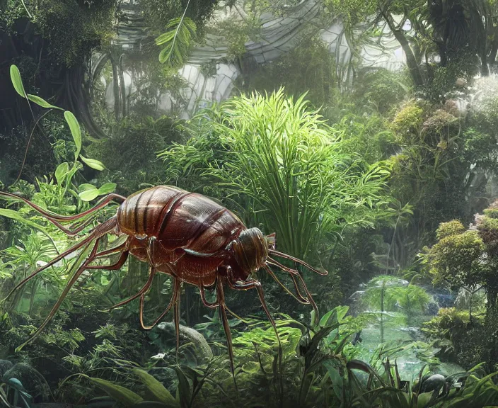Image similar to transparent clear see - through image of isopods, lush botany, orchids, ferns, garden environment, ultra realistic, concept art, art nouveau, photorealistic, octane render, 8 k, unreal engine. art by gustave dore and nori inoguchi and sam kaplan and zachary goulko and christopher marley and artgerm and alphonse mucha