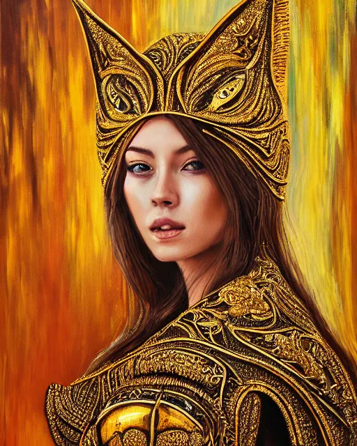 Image similar to acrylic painting portrait of woman in shining golden armor, high production value, intricate details, high resolution, hdr, high definition, masterpiece, realistic, ultrarealistic, highly detailed, hd, sharp focus, non blurry, sharp, smooth