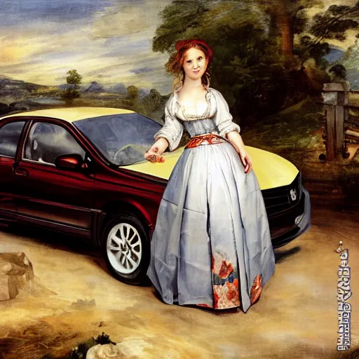 Image similar to heavenly summer sharp land sphere scallop well dressed lady standing next to a toyota corolla, auslese, by peter paul rubens and eugene delacroix and karol bak, hyperrealism, digital illustration, fauvist, standing next to a toyota corolla