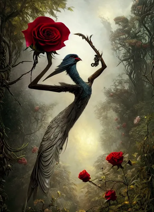 Image similar to the bird has grown its arms and is holding a rose, hyperrealism, no blur, 4 k resolution, ultra detailed, style of tyler edlin, tom bagshaw, arthur rackham, ivan shishkin