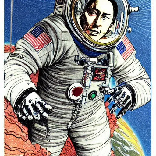 Image similar to portrait of berlusconi naraka astronaut painted in miyazaki color style drawn by katsuhiro otomo and takato yamamoto, high detail, intricate linework, sharp, monster face, perspective, manga and anime