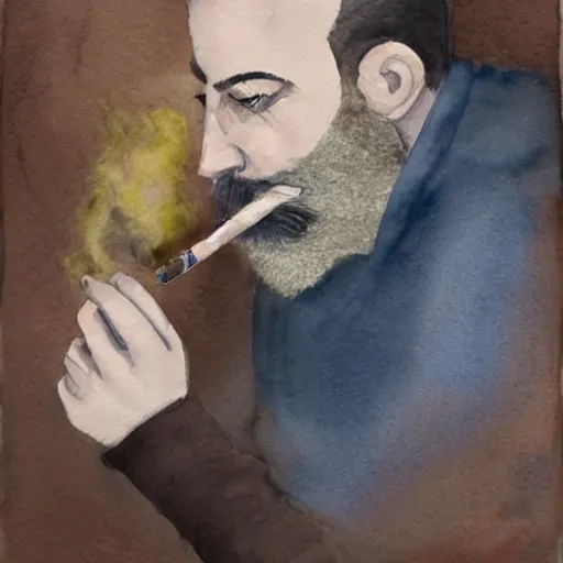 Prompt: watercolor painting of a man with a beard smoking a cigarette, he is wearing a brown sweater, dark style, dramatic lighting