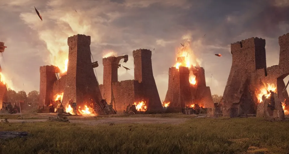 Image similar to five giant and powerful medieval trebuchets in the front, fireing on a medieval fortress far away, destroying the walls, fire and explosion, debris flying around, octane render, unreal engine