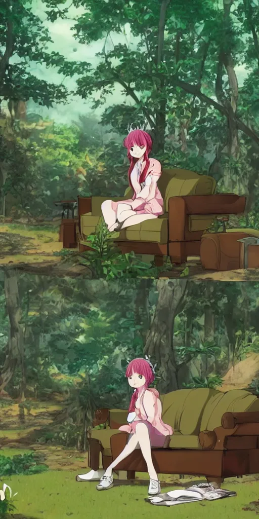 Image similar to a queen of good vibes sitting by herself on a sofa in a forest, drawn by CloverWorks,