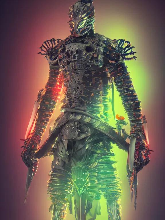Image similar to full body front view portrait of natural, bio - mechanical ninja samurai, character design, correct anatomy, made in blender, octane render, ray tracing, ultra detailed, fantasy, neon lighting, intricate and highly detailed, coloured with lots of colour, pose, fantasy, sharp focus,