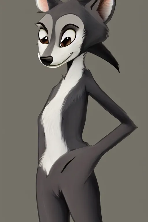 Image similar to matte painting of anthromorphic female wolf, in style of cory loftis, female fursona, furry, furaffinity, 4 k, deviantart, furry art, fursona art, wearing black business suit, business suit, in style of zootopia, wolf fursona, cyberpunk, female, very expressive detailed feminine face,