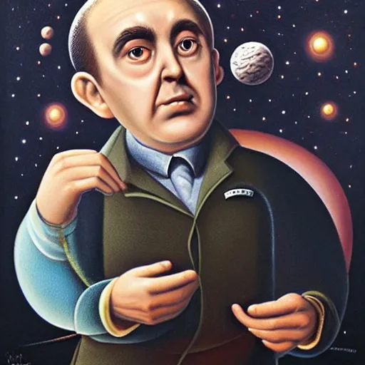 Image similar to a cute gomer pyle holds the universe in his hand, an ultrafine detailed painting by mark ryden, trending on deviantart, pop surrealism, whimsical, lowbrow, grotesque