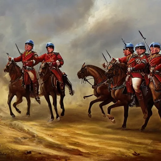 Image similar to oil painting of general Boris Johnson leading his men into battle, glorified image, 8k, oil painting