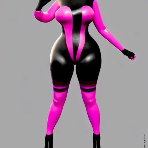 Prompt: a curvy pale goth woman with a modest elaborate elegant black-pink multilayered latex striped tight high-neck outfit, cgsociety, photorealistic, sublime-cool-badass-hyperadvanced-hot, 16k, smooth, sharp focus, trending on ArtStation, volumetric lighting