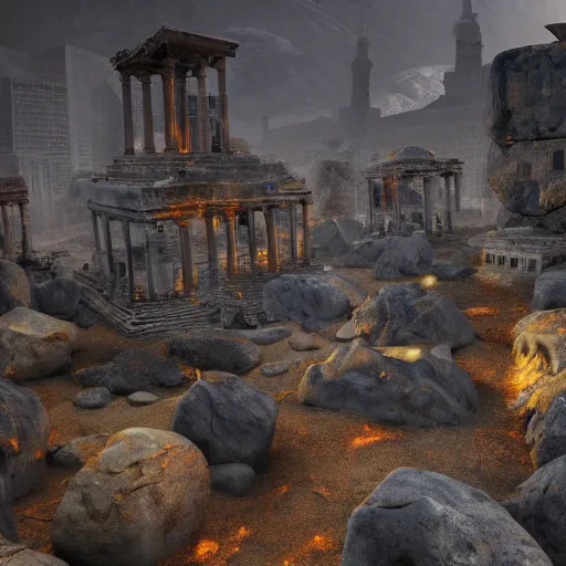 Prompt: A realistic detailed photo of an ancient city, rocks coming out of the ground, fire, dead peoples, destroyed city, foggy landscape, light particles, detailed light, realistic shaders, trending on artisation, detailed textures, detailed, realistic.