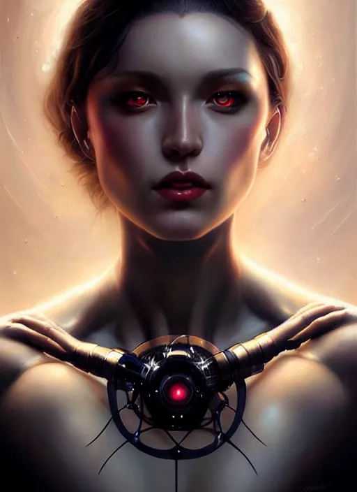 Image similar to a beautiful woman with cybernetic muscles, painted by artgerm and tom bagshaw, fantasy art, dramatic lighting, highly detailed oil painting