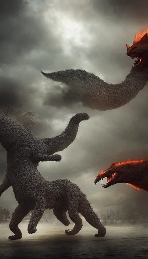 Image similar to hundreds of people running away from the giant catzilla. epic, blockbuster, trending on artstation. realistic cinematography, photorealistic, photography, wide shot