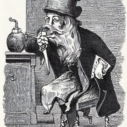 Image similar to a wizard smoking a pipe, high detail, 1 9 th century illustration by john tenniel