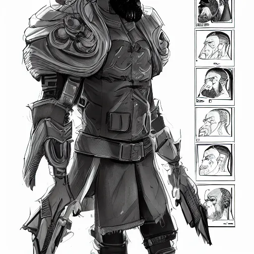 Image similar to character design sheet, concept art character, very high angle view, book cover, very attractive man with beard, walking in cyberpunk valley highly detailed full body, strong masculine features, sturdy body, command presence, royalty, smooth, sharp focus, organic, appealing, book cover, deep shadows, by borderland 3 sketch lineart for character design