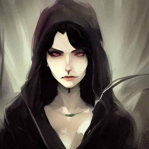 Image similar to female human vampire witch in the style of greg rutkowski, makoto shinkai, trending on artstation, character design, concept art, pretty face, highly detailed, long black hair, portrait, digital art