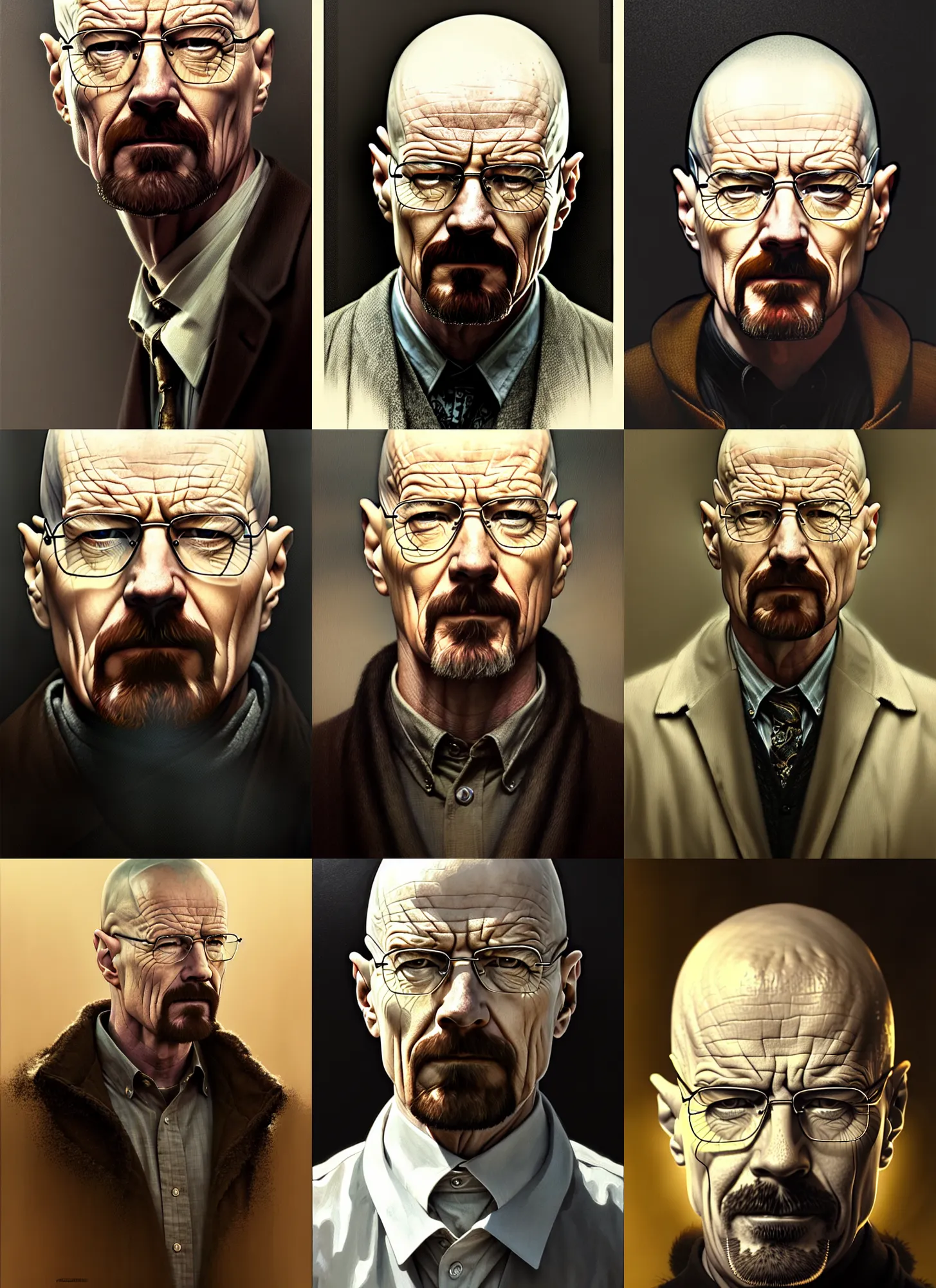 Prompt: a portrait of walter white, diffuse lighting, fantasy, intricate, elegant, highly detailed, lifelike, photorealistic, digital painting, artstation, illustration, concept art, smooth, sharp focus, art by john collier and albert aublet and krenz cushart and artem demura and alphonse mucha