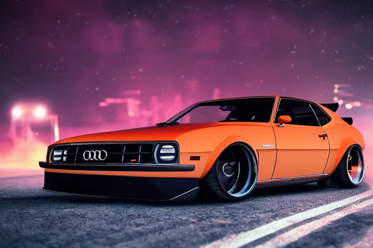 Image similar to widebody audi camaro b 1 ( 1 9 6 9 ), need for speed : carbon, at night, sci - fi, neon lines, phonk music background, smoke behind wheels, noise, dark, establishing shot, by simon stalenhag