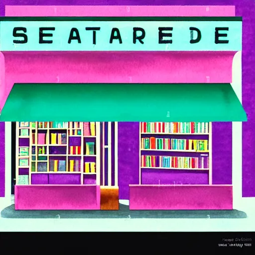 Image similar to art deco vaporwave watercolor illustration of a bookstore, in pastel and bright colors