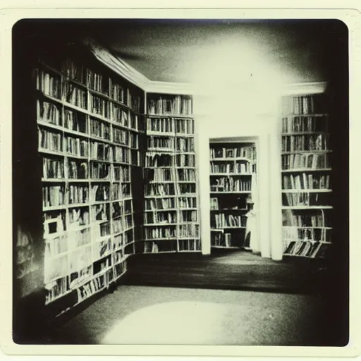 Prompt: polaroid of messy library, poltergeist, liminal, ghost face in corner. goetic sigils drawn on walls.