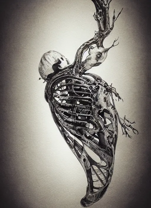 Prompt: portrait, A heart in the shape of a bird, locked in a rib cage, watercolor, dramatic lighting, cinematic, establishing shot, extremely high detail, foto realistic, cinematic lighting, pen and ink, intricate line drawings, by Yoshitaka Amano, Ruan Jia, Kentaro Miura, Artgerm, post processed, concept art, artstation, matte painting, style by eddie mendoza, raphael lacoste, alex ross