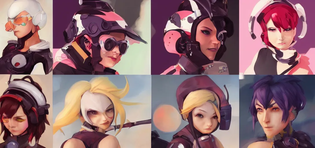 Image similar to concept art of female video game characters head designs, punk, disgaea, flcl, overwatch, by marc brunet and artgerm