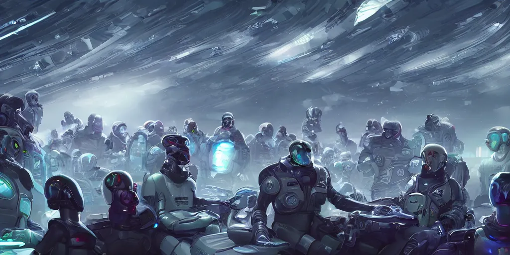 Image similar to digital art, trending on artstation, race of technobiological aliens in a meeting at their base in the galaxy