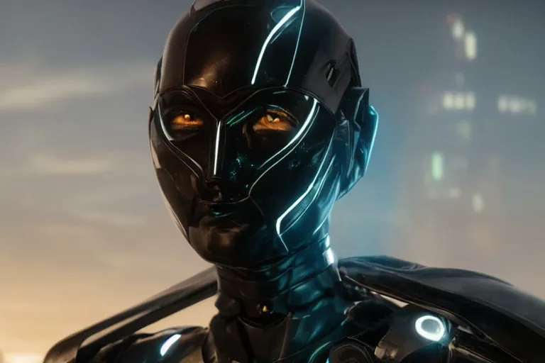 Image similar to VFX movie closeup portrait of a gorgeous futuristic robot woman in black spandex armor in future city, hero pose, beautiful skin, city night lighting by Emmanuel Lubezki