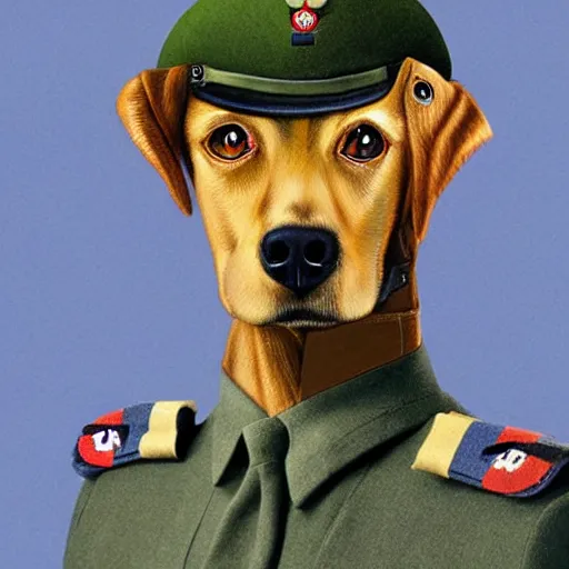 Image similar to anthropomorphized dog wearing ww2 raf uniform, artwork by John Singer + Thomas Lea + Tom Lea