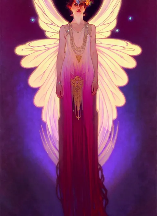 Image similar to ombre velvet gown, alphonse mucha, beautiful elegant woman with glowing wings, portrait, neon outline, long hair, tiara, dozens of jeweled necklaces, by greg rutkowski, brom, anato finnstark