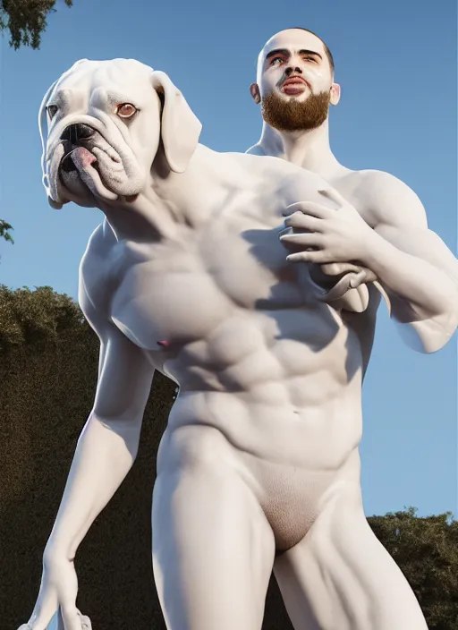 Image similar to a statue made of white marble with gold veins, of klay thompson petting a bulldog, full body shot, perfect symmetrical body, perfect symmetrical face, hyper realistic, hyper detailed, by johannen voss, by peter kemp, by monia merlo, by michelangelo, octane render, blender, 8 k