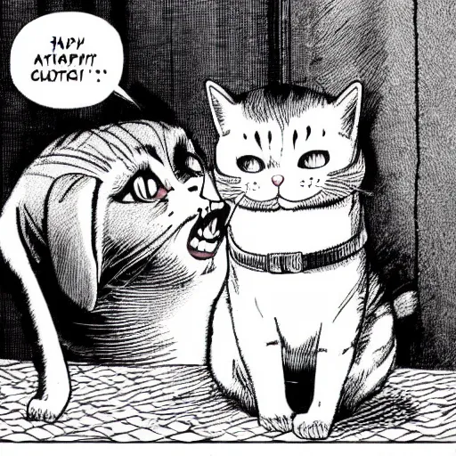 Prompt: happy cat eating a dog, manga, junji ito