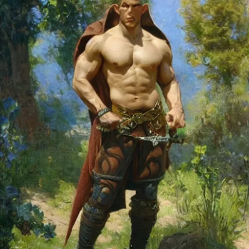 Prompt: medieval, attractive muscular male half elf half orc character design, painting by gaston bussiere, craig mullins, j. c. leyendecker, tom of finland