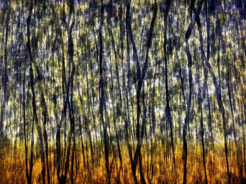 Image similar to double exposure photograph of tens of eucalyptus trees, soft light, autumn, in the style of edward steichen and klee,