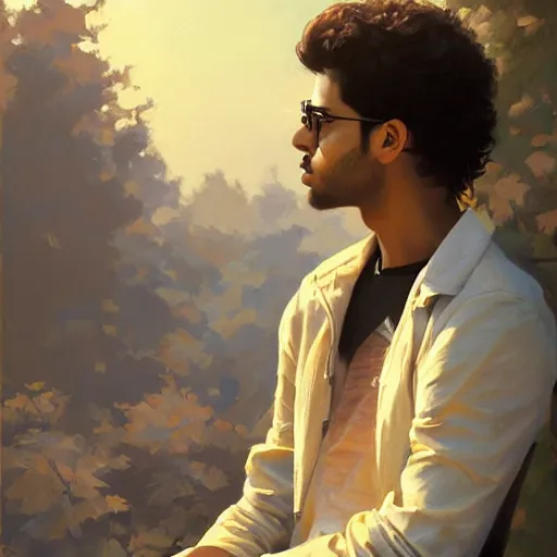 Image similar to oil painting by ilya kuvshinov,, baugh casey, rhads, coby whitmore, of a youthful persian - indian college student, male, curly black hair, outdoors, highly detailed, breathtaking face, studio photography, dawn, intense subsurface scattering, blush, supple look, innocence, intense sunlight