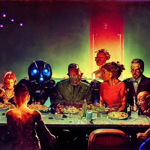 Image similar to a dark and colorful close - up of a sci - fi family dinner with led lights glowing fog in the background. highly detailed science fiction painting by norman rockwell, frank frazetta, and syd mead. rich colors, high contrast, gloomy atmosphere, dark background. trending on artstation