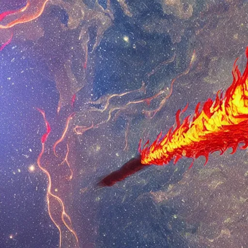 Image similar to a firenado, which is a tornado of fire, in space, which is a vacuum, galactic 4 k fantasy realistic detailed fire detailed smoke raytraced hyperrealistic cyberpop drawn by adam and frank