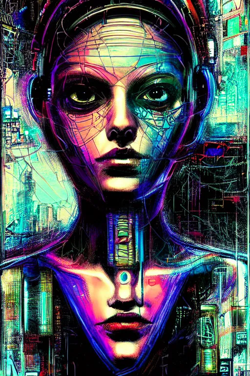 Image similar to dreamy cyberpunk girl, abstract black leather, digital nodes, beautiful woman, detailed acrylic, grunge, intricate complexity, by dan mumford and by alberto giacometti, peter lindbergh