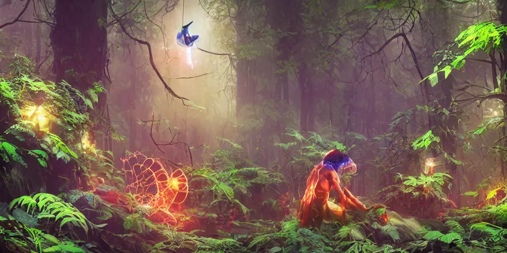 Prompt: 3 d scene of forest portal modelling. woodsman wearing a steampunk and neonpunk mechanical fluorescent mystical animal mask. betta fish, jellyfish phoenix, bio luminescent, plasma, ice, water, wind, creature, artwork by tooth wu and wlop and beeple and greg rutkowski, ambient occlusion, award winning photograph, epic cinematic shot