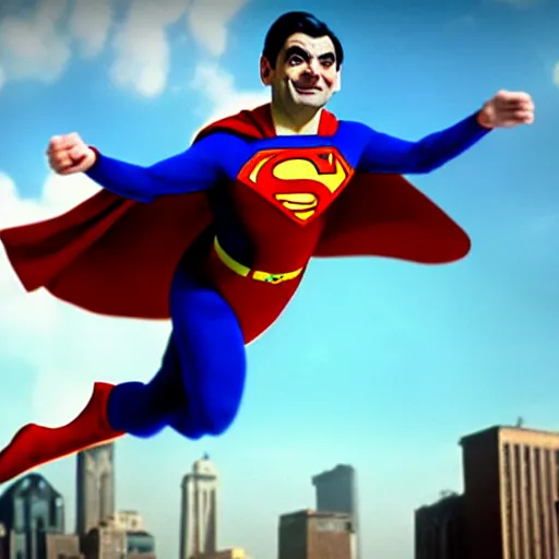 Image similar to mr. bean as superman. movie still. cinematic lighting.