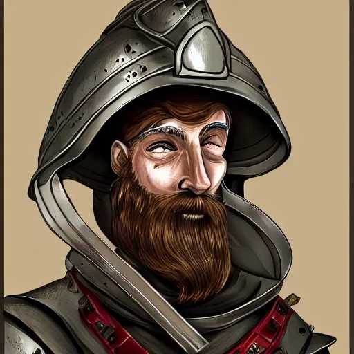 Prompt: An old man with a ginger beard, wearing medieval knights armour and a fire fighters helmet, highly detailed, digital art, sharp focus, trending on art station, anime art style