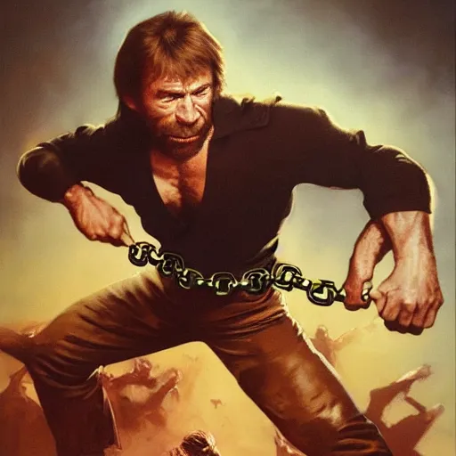Prompt: cinematic action shot freeze frame portrait of Chuck Norris using nunchaku that are made out of two mini Chuck Norris's connected to each other at their ends by a short metal chain, golden ratio, art by greg rutkowski and frank frazetta and peter mohrbacher and marc silvestri