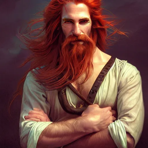 Prompt: portrait of a young ruggedly handsome but joyful pirate, male, masculine, upper body, red crimson hair, long long flowing hair, fantasy, smug smirk, intricate, elegant, highly detailed, digital painting, artstation, concept art, matte, sharp focus, illustration, art by artgerm and greg rutkowski and alphonse mucha