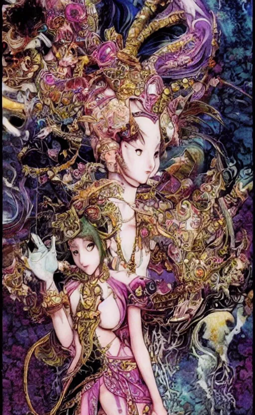 Image similar to lush, dreamlike animation still based on the art of yoshitaka amano ( final fantasy ) from 1 0 0 1 nights ( 1 9 9 8 ), dir. mike smith, hyperion studio