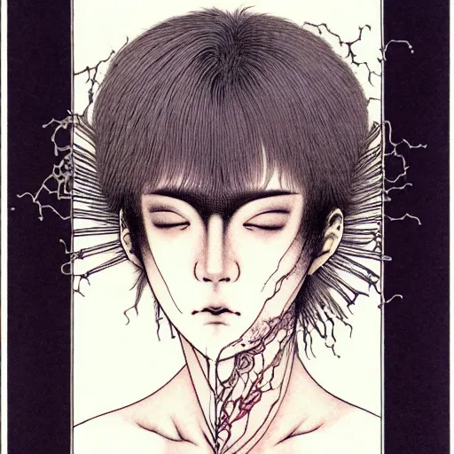 Prompt: prompt: Fragile looking character soft light portrait face drawn by Takato Yamamoto and Katsuhiro Otomo, tattooed face, inspired by Akira 1988 anime, alchemical objects on the side, soft light, intricate detail, intricate gouache painting detail, sharp high detail, manga and anime 2010