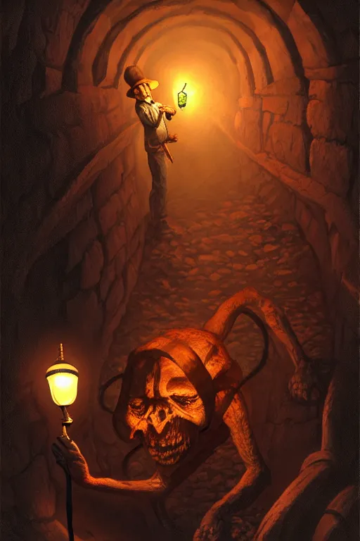 Image similar to an old - fashioned explorer with a lamp, in the dark tunnel of a monstrous spider, in the style of gerald brom, dramatic lighting, low angle, wide angle, fantasy art, highly detailed digital art