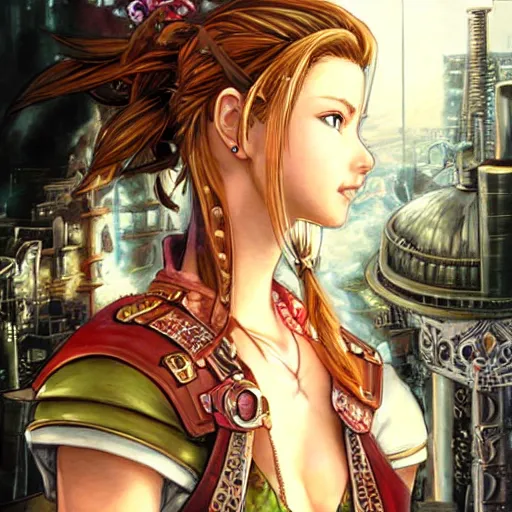 Image similar to a portrait painting of aerith from from final fantasy 7 with the steam punk city midgard as backdrop by master artist yoshitaka amano