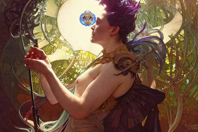 Image similar to ubermench, machiavellian garden, d & d, fantasy, ego death, decay, dmt, psilocybin, art by artgerm and greg rutkowski and alphonse mucha