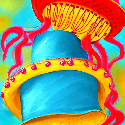 Prompt: jellyfish wearing a sombrero at a party, expressionism