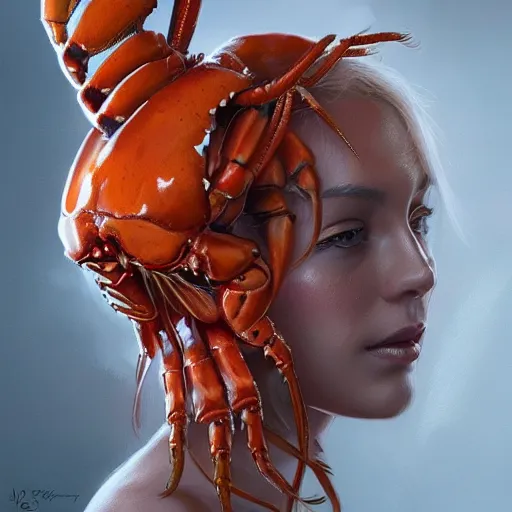 Image similar to portrait of an elegant orange queen with lobster hands, intricate, elegant, highly detailed, digital painting, artstation, concept art, smooth, sharp focus, illustration, art by artgerm and greg rutkowski and jpark